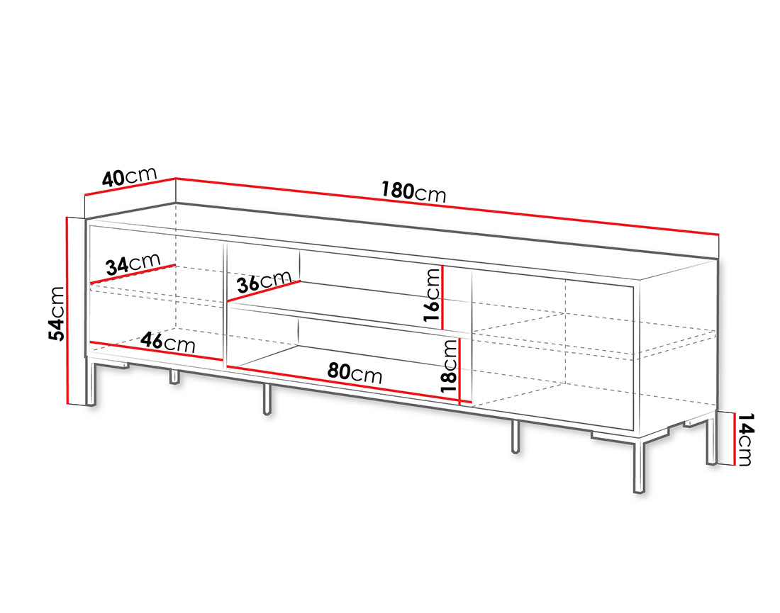 Meuble TV bois et noir 2 portes et 2 niches 180 cm Cambridge