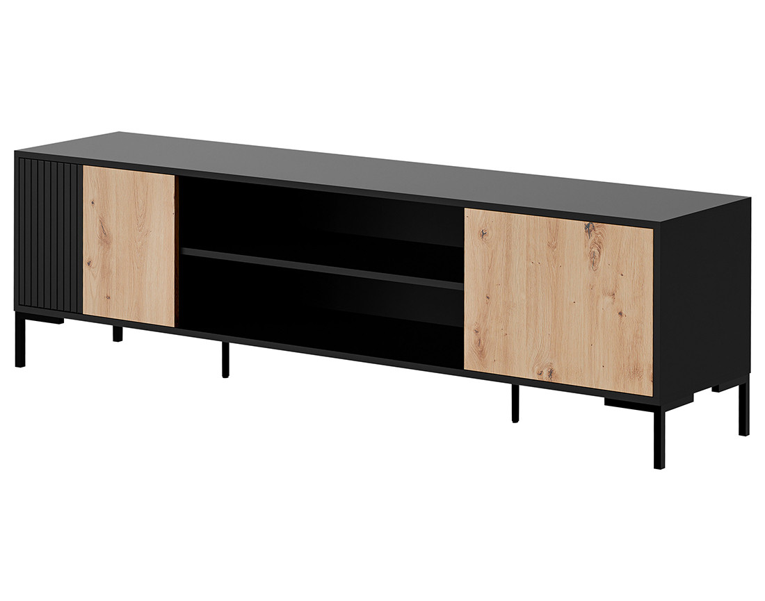 Meuble TV bois et noir 2 portes et 2 niches 180 cm Cambridge