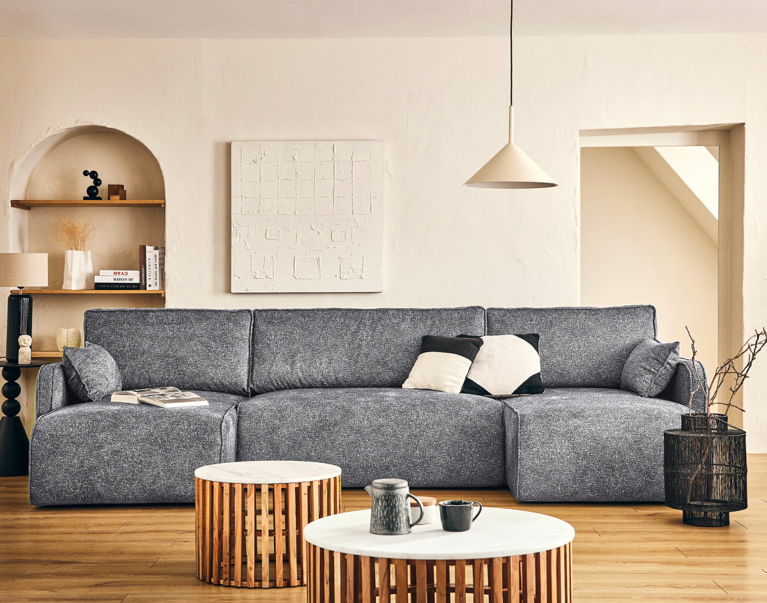 Canapé panoramique en U 7 places convertibles avec coffres en tissu moucheté Apolline