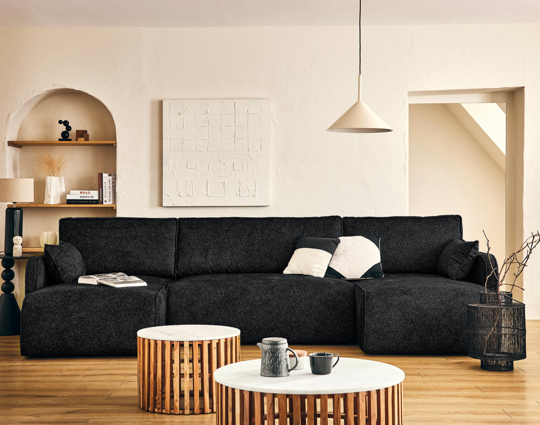 Canapé panoramique en U 7 places convertibles avec coffres en tissu moucheté Apolline