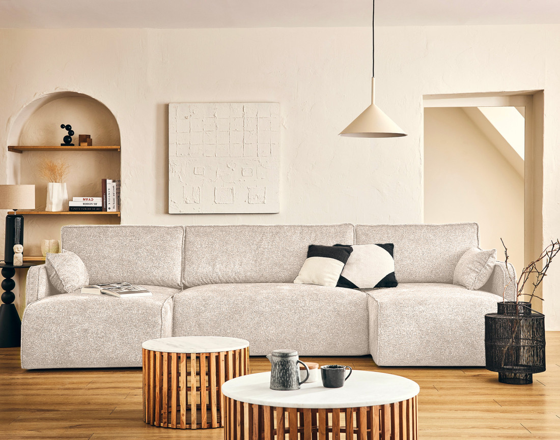 Canapé panoramique en U 7 places convertibles avec coffres en tissu moucheté Apolline