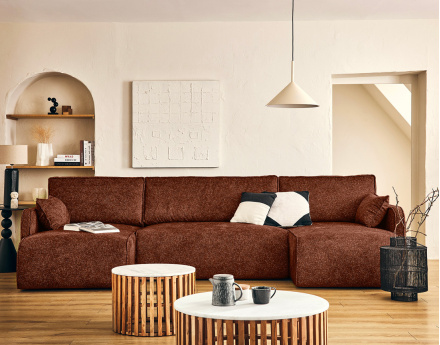 Canapé panoramique en U 7 places convertibles avec coffres en tissu moucheté Apolline