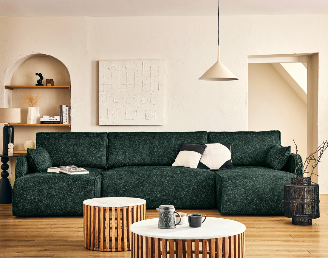 Canapé panoramique en U 7 places convertibles avec coffres en tissu moucheté Apolline