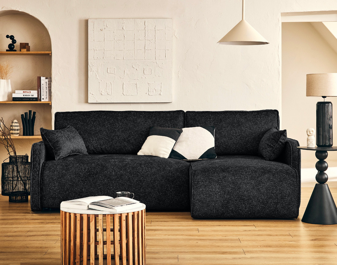 Canapé d'angle réversible 4 places convertible avec coffres en tissu moucheté Apolline