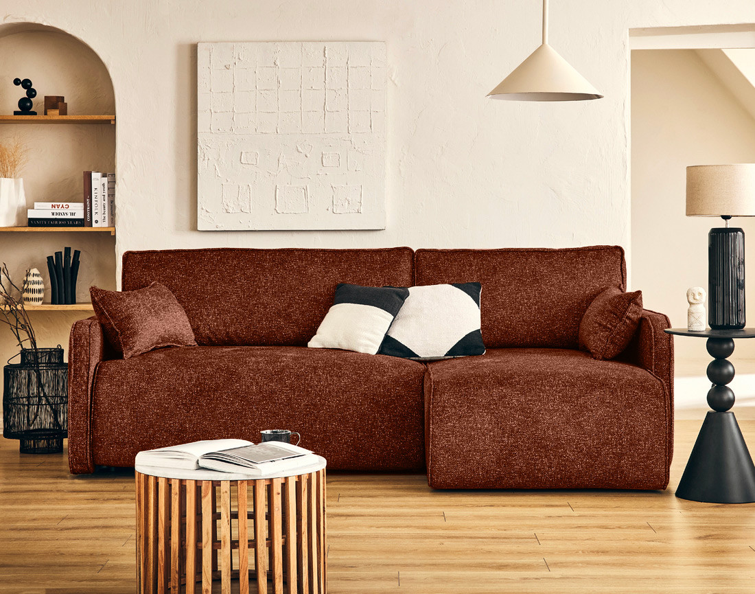 Canapé d'angle réversible 4 places convertible avec coffres en tissu moucheté Apolline