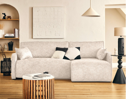 Canapé d'angle réversible 4 places convertible avec coffres en tissu moucheté Apolline