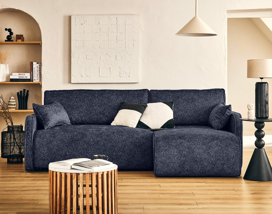 Canapé d'angle réversible 4 places convertible avec coffres en tissu moucheté Apolline