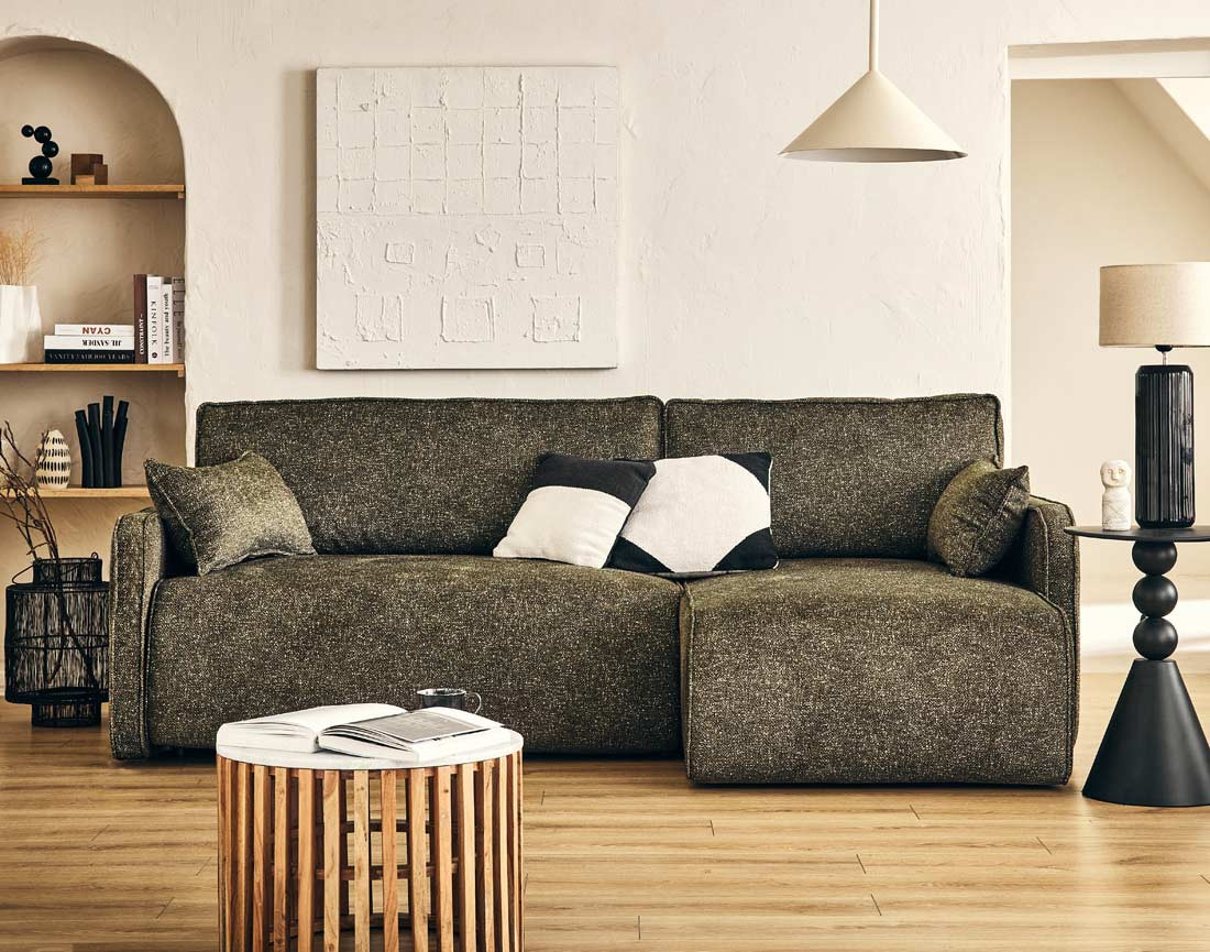 Canapé d'angle réversible 4 places convertible avec coffres en tissu moucheté Apolline