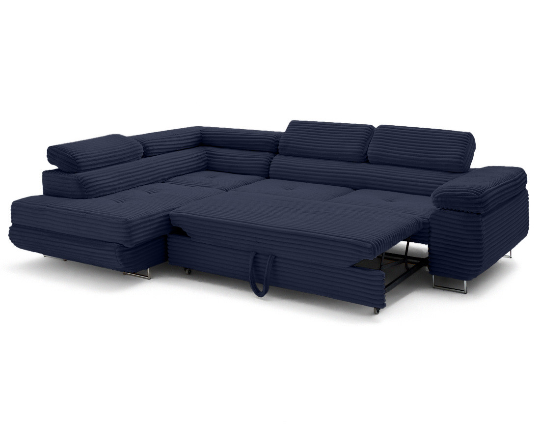 Canapé d'angle gauche 5 places convertible avec coffre et têtières en velours côtelé grosses côtes Zaria