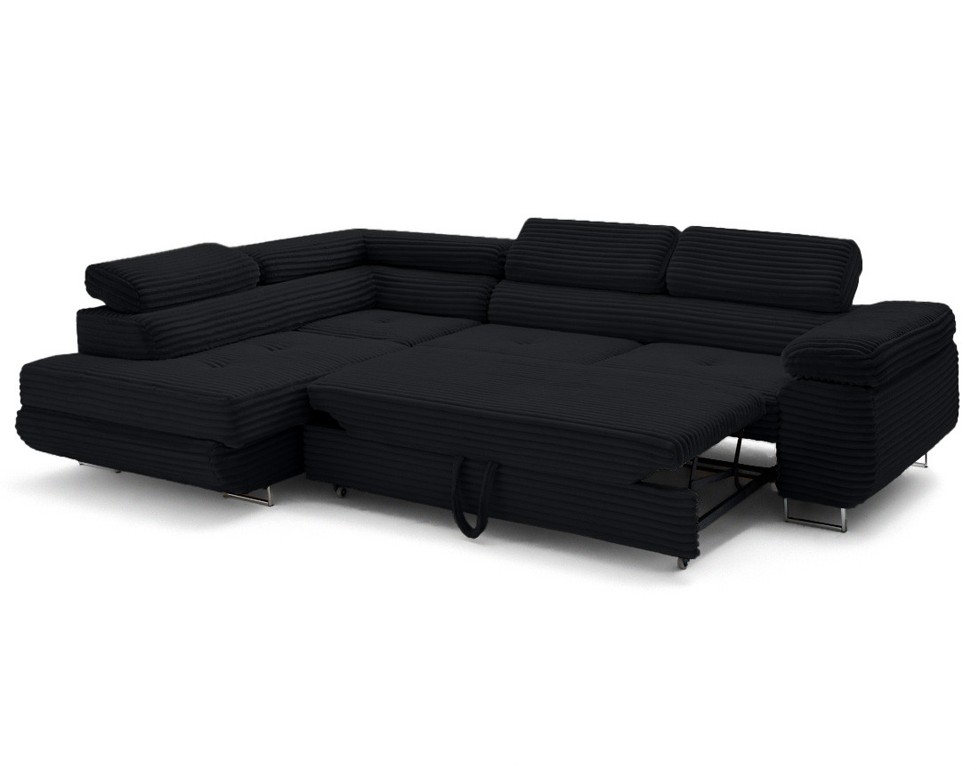Canapé d'angle gauche 5 places convertible avec coffre et têtières en velours côtelé grosses côtes Zaria