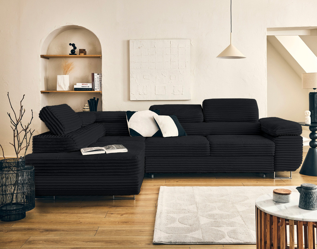 Canapé d'angle gauche 5 places convertible avec coffre et têtières en velours côtelé grosses côtes Zaria