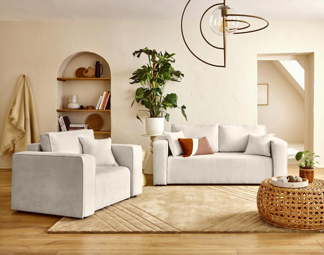 Canapé droit 2 places en velours côtelé plat Topaze