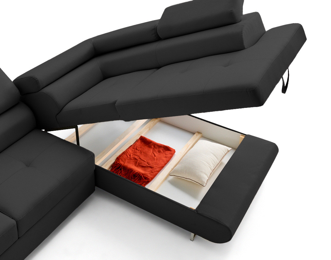 Canapé d'angle droit 5 places convertible avec coffre et têtières en simili Zaria