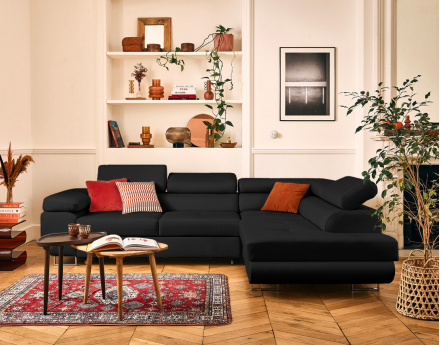 Canapé d'angle droit 5 places convertible avec coffre et têtières en simili Zaria