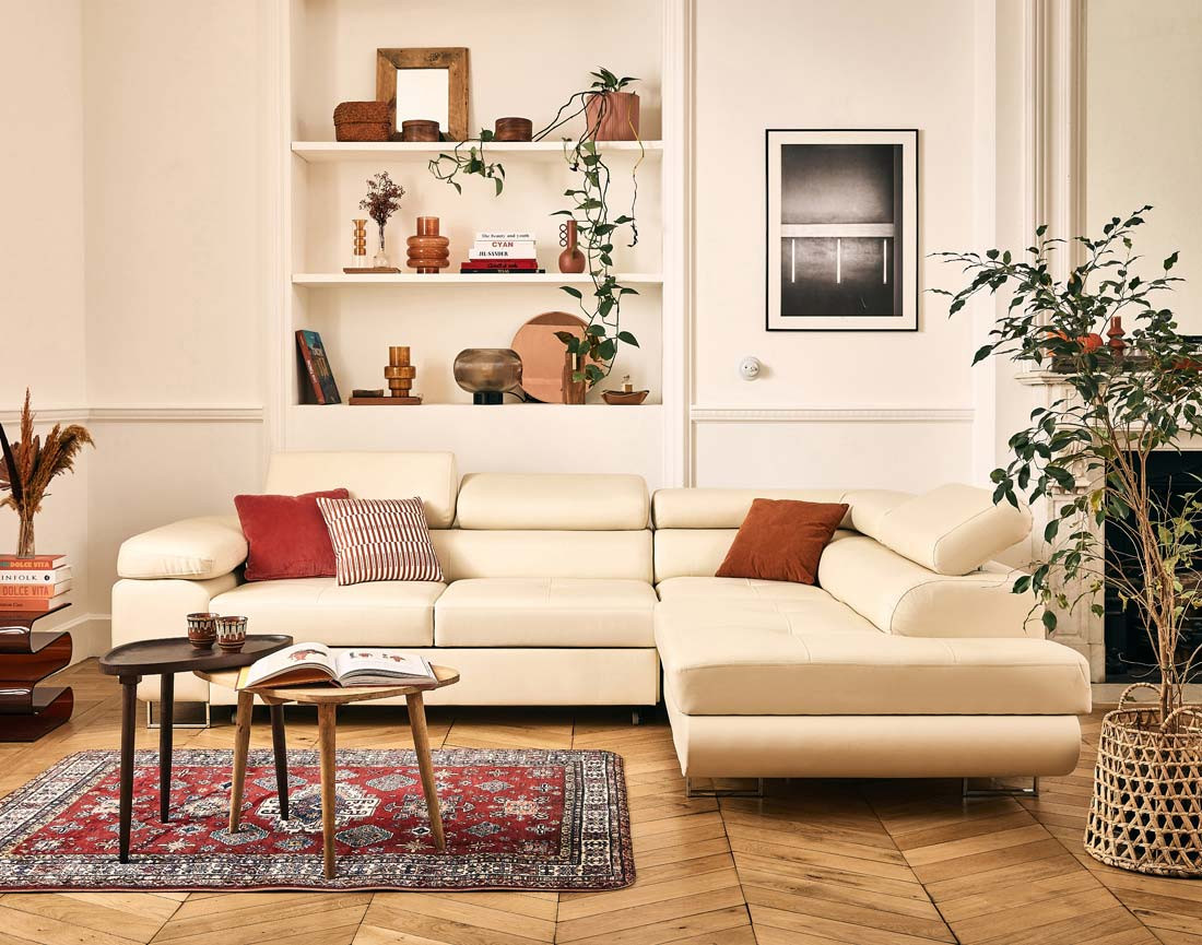 Canapé d'angle droit 5 places convertible avec coffre et têtières en simili Zaria