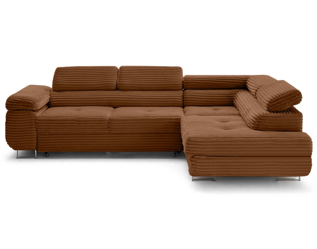 Canapé d'angle droit 5 places convertible avec coffre et têtières en velours côtelé grosses côtes Zaria