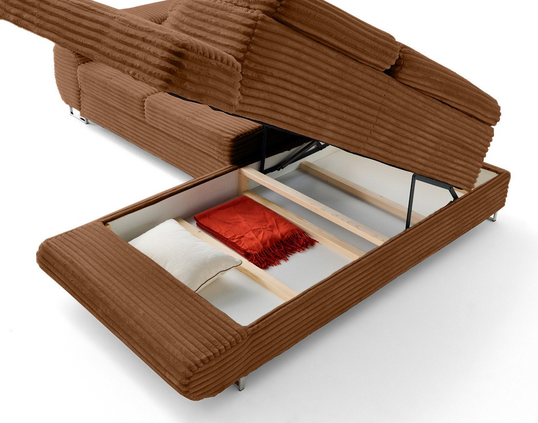 Canapé d'angle droit 5 places convertible avec coffre et têtières en velours côtelé grosses côtes Zaria