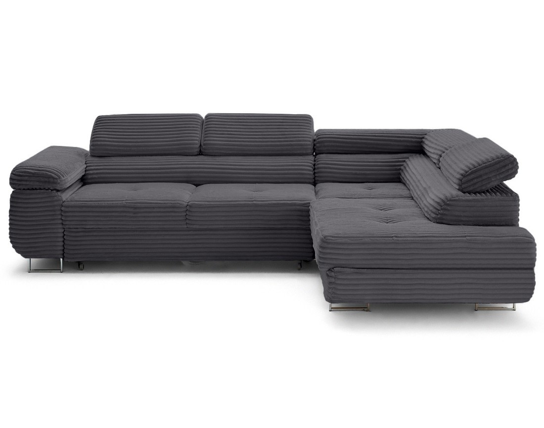 Canapé d'angle droit 5 places convertible avec coffre et têtières en velours côtelé grosses côtes Zaria