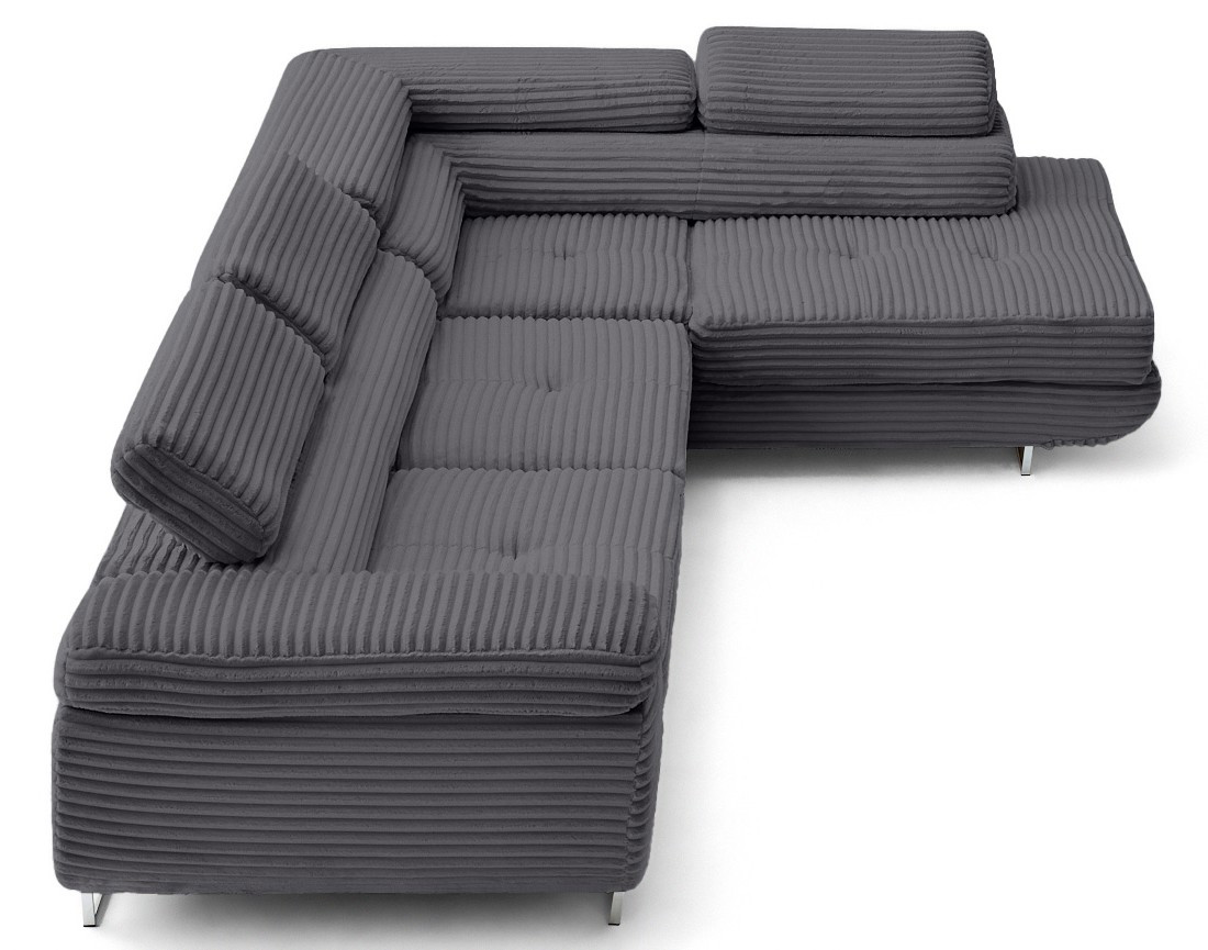 Canapé d'angle droit 5 places convertible avec coffre et têtières en velours côtelé grosses côtes Zaria
