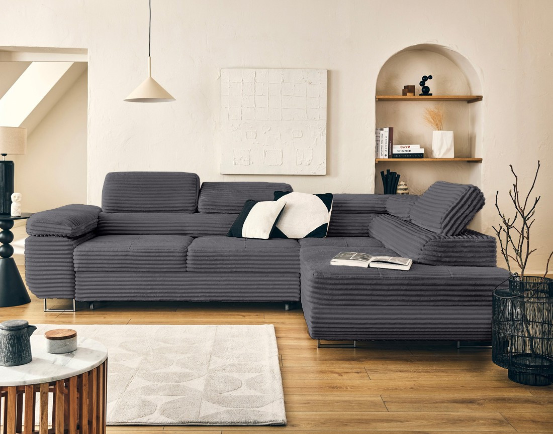 Canapé d'angle droit 5 places convertible avec coffre et têtières en velours côtelé grosses côtes Zaria