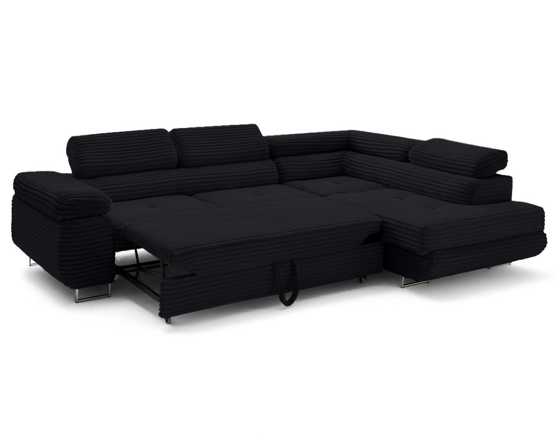 Canapé d'angle droit 5 places convertible avec coffre et têtières en velours côtelé grosses côtes Zaria