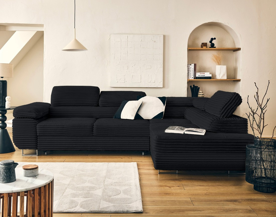 Canapé d'angle droit 5 places convertible avec coffre et têtières en velours côtelé grosses côtes Zaria