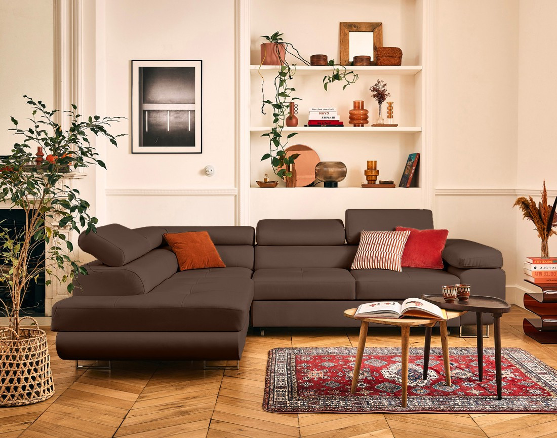 Canapé d'angle gauche 5 places convertible avec coffre et têtières en simili Zaria