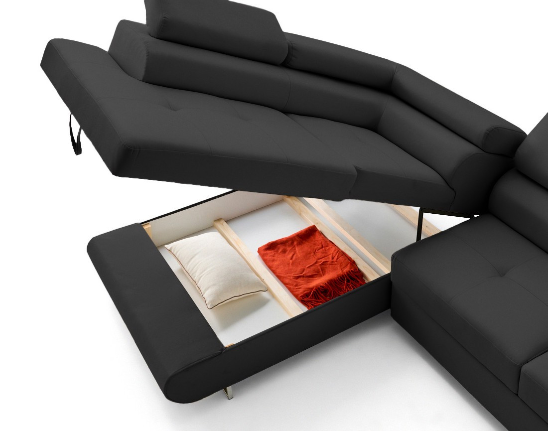 Canapé d'angle gauche 5 places convertible avec coffre et têtières en cuir vegan Zaria