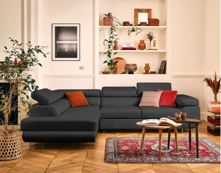 Canapé d'angle gauche 5 places convertible avec coffre et têtières en cuir vegan Zaria