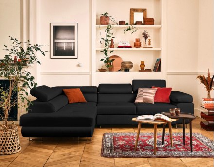 Canapé d'angle gauche 5 places convertible avec coffre et têtières en cuir vegan Zaria