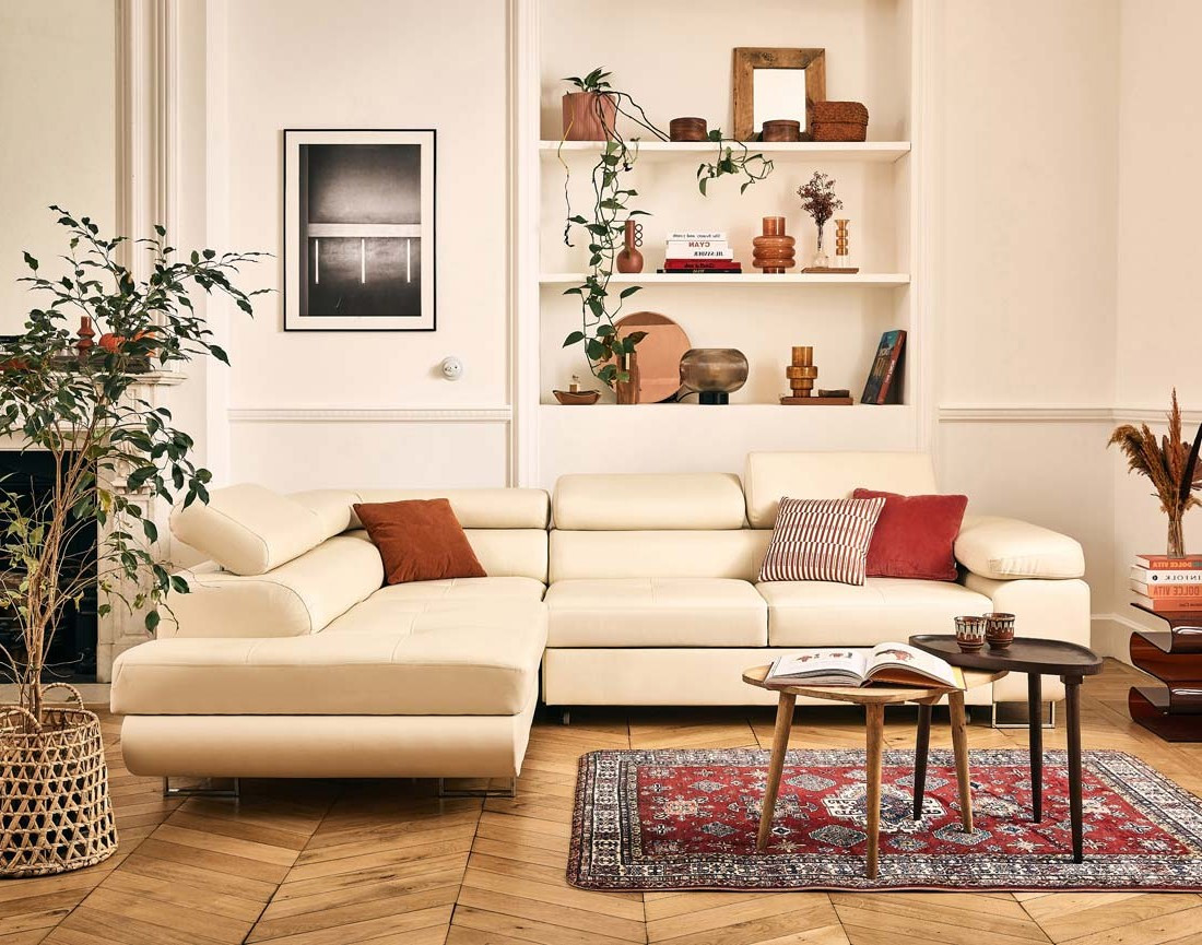 Canapé d'angle gauche 5 places convertible avec coffre et têtières en simili Zaria