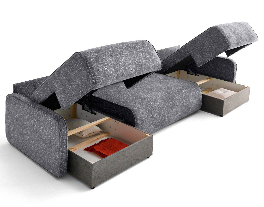 Canapé panoramique en U 7 places convertibles avec coffres en tissu moucheté Apolline