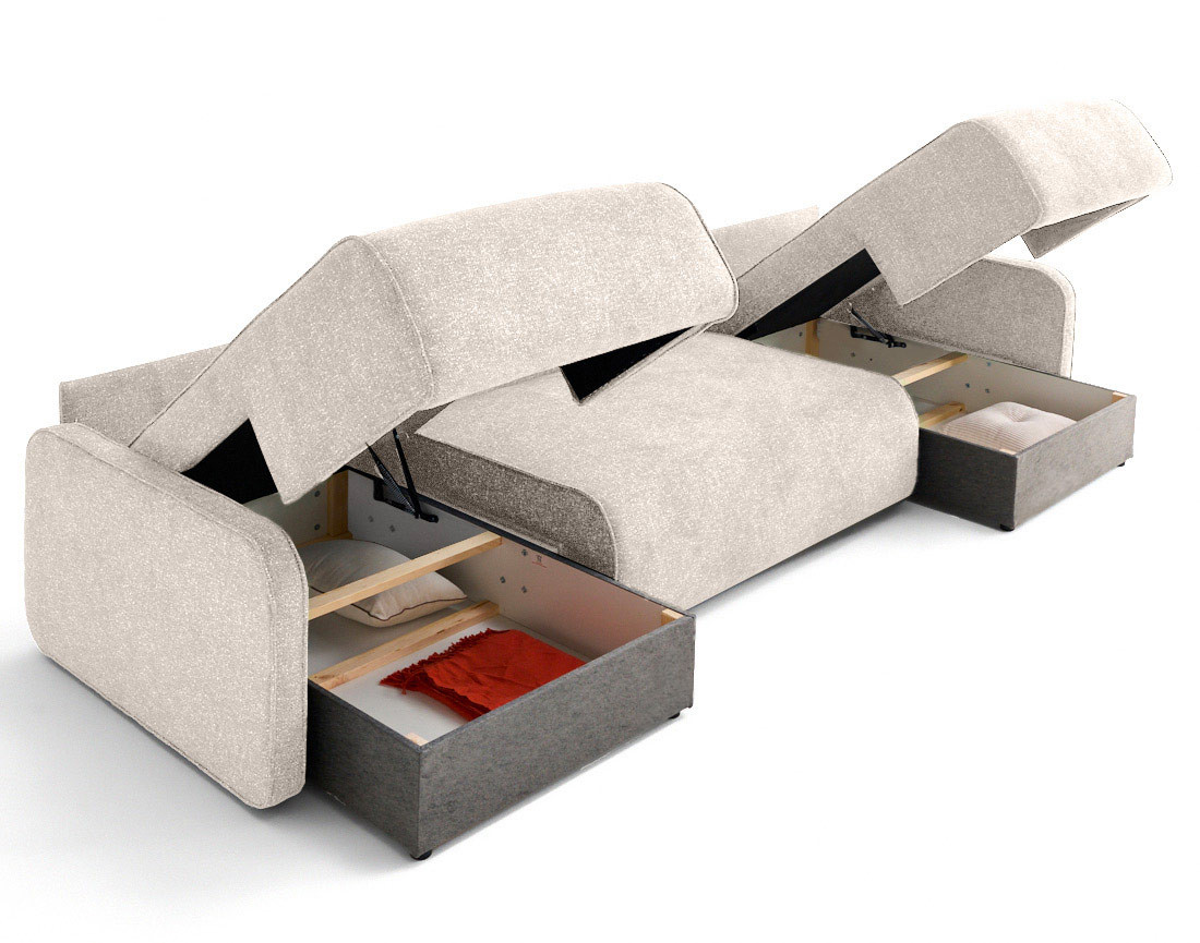 Canapé panoramique en U 7 places convertibles avec coffres en tissu moucheté Apolline