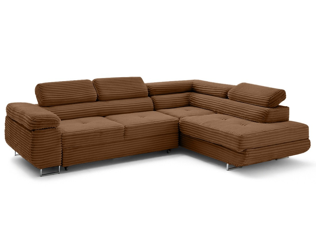 Canapé d'angle droit 5 places convertible avec coffre et têtières en velours côtelé grosses côtes Zaria