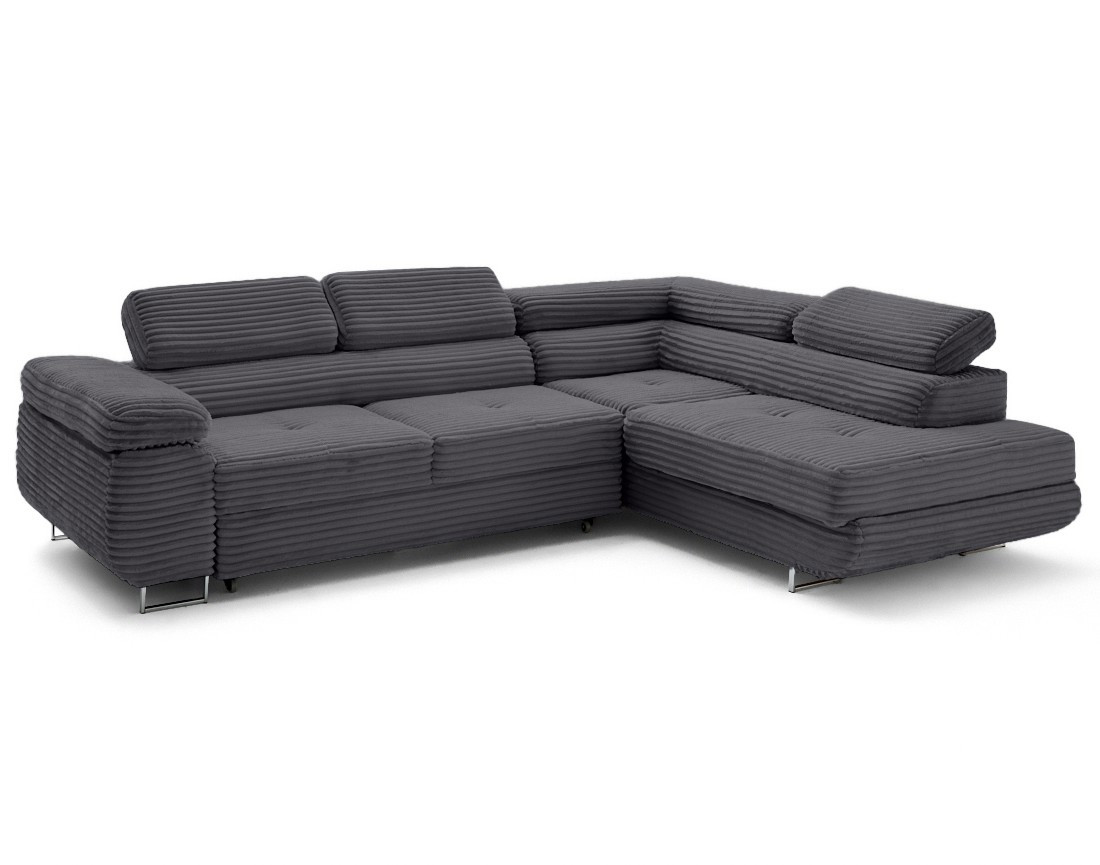 Canapé d'angle droit 5 places convertible avec coffre et têtières en velours côtelé grosses côtes Zaria