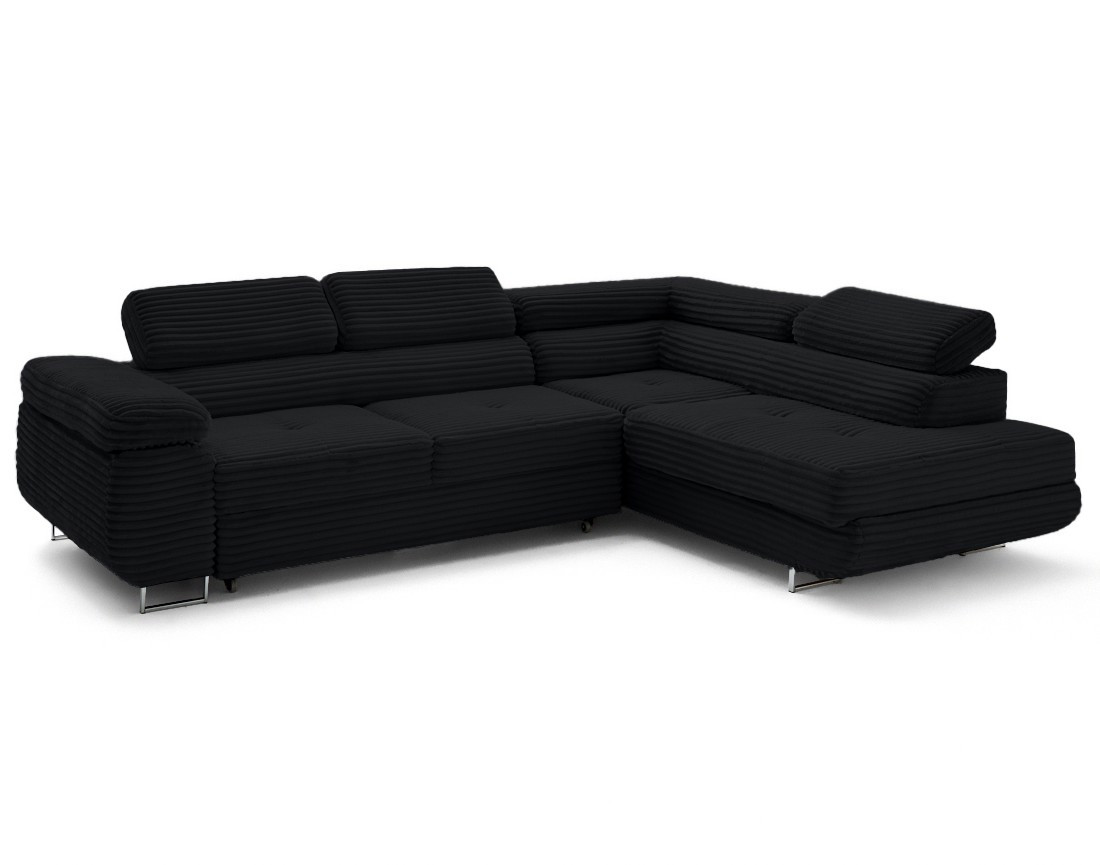 Canapé d'angle droit 5 places convertible avec coffre et têtières en velours côtelé grosses côtes Zaria