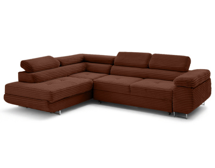 Canapé d'angle gauche 5 places convertible avec coffre et têtières en velours côtelé grosses côtes Zaria