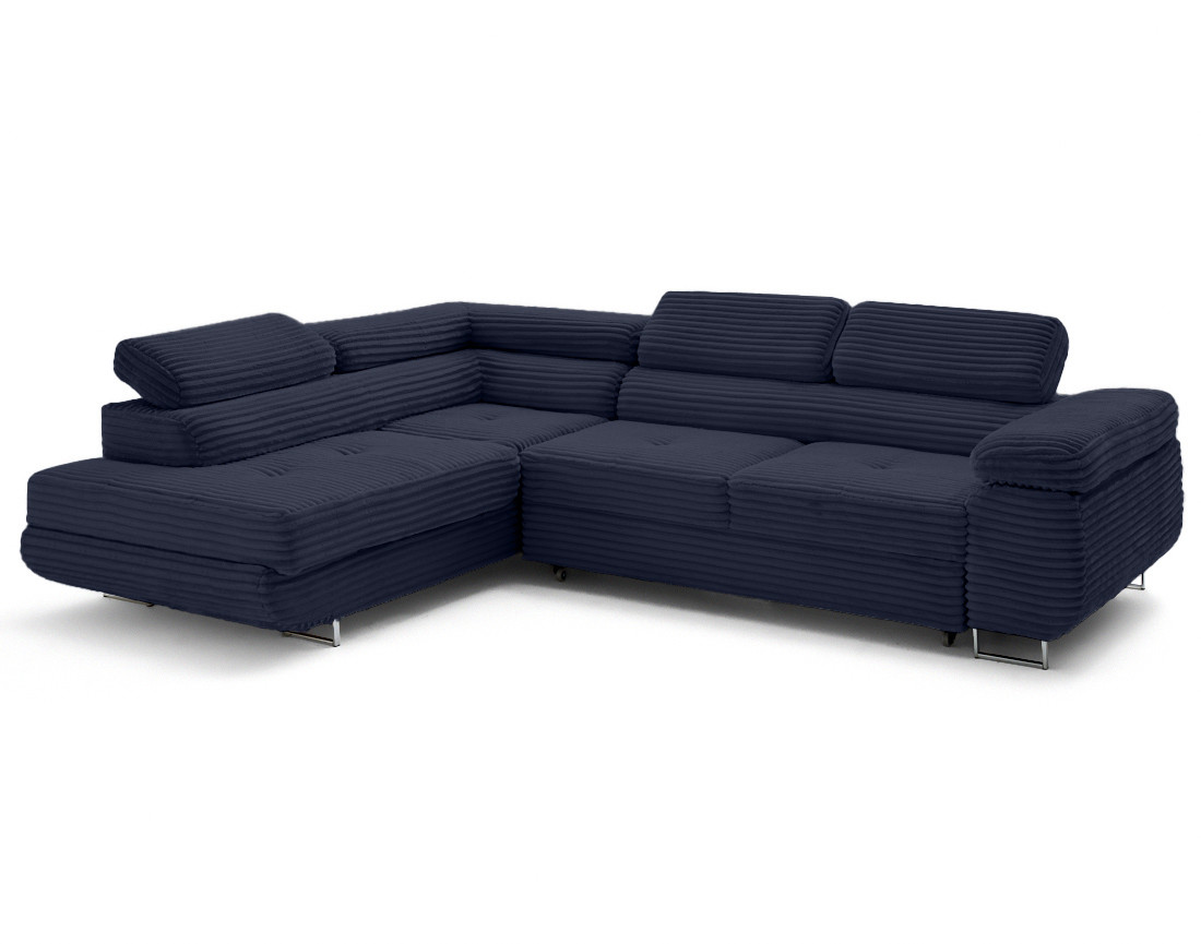Canapé d'angle gauche 5 places convertible avec coffre et têtières en velours côtelé grosses côtes Zaria