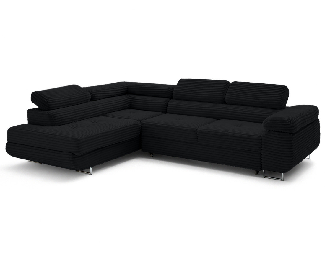 Canapé d'angle gauche 5 places convertible avec coffre et têtières en velours côtelé grosses côtes Zaria