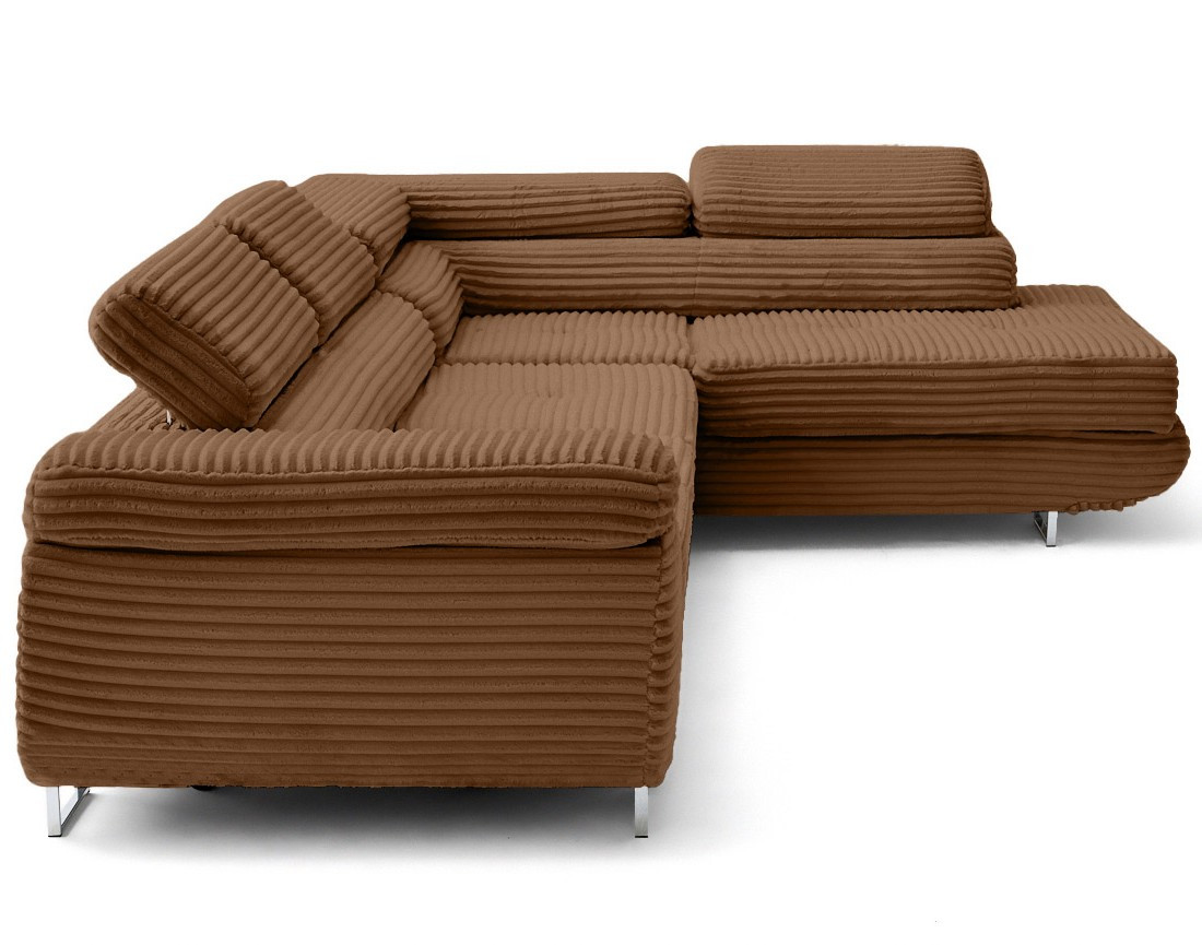 Canapé d'angle droit 5 places convertible avec coffre et têtières en velours côtelé grosses côtes Zaria