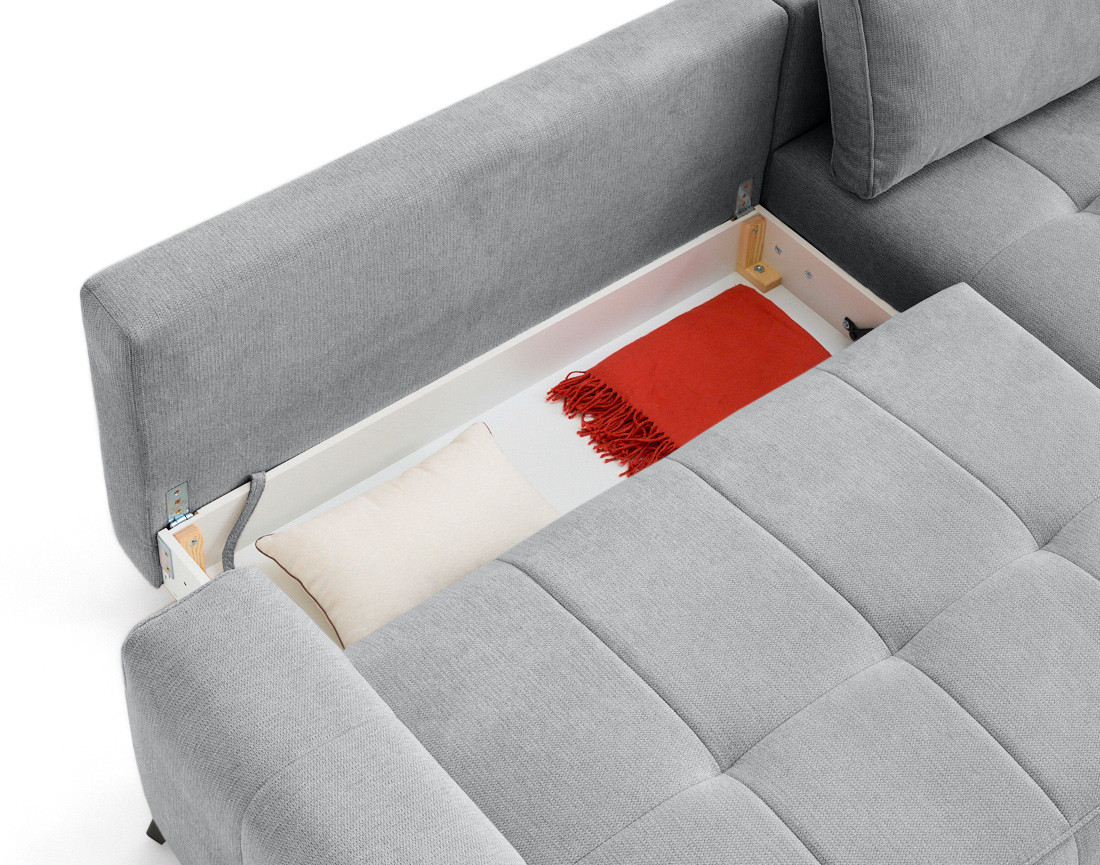 Canapé d'angle droit 4 places convertible avec coffre en tissu texturé Rimini