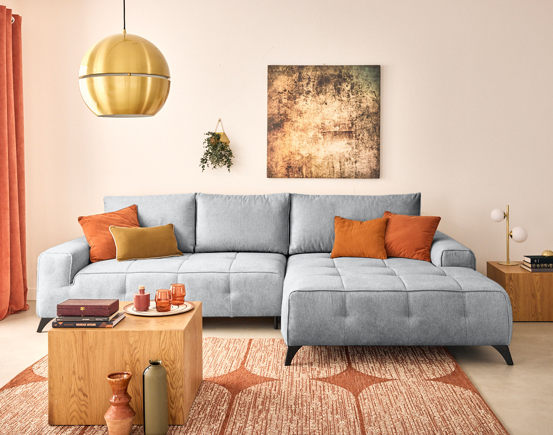 Canapé d'angle droit 4 places convertible avec coffre en tissu texturé Rimini