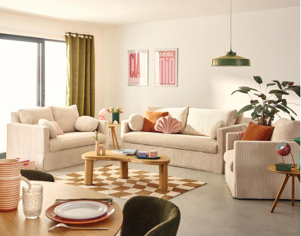 Canapé droit déhoussable 2 places en velours côtelé Serena