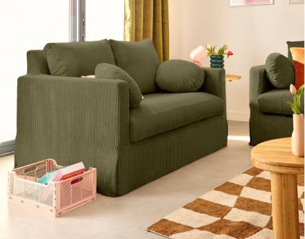 Canapé droit déhoussable 2 places en velours côtelé Serena