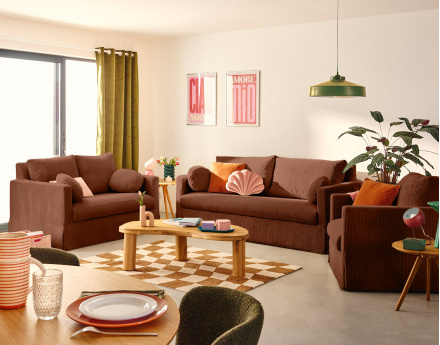 Canapé droit déhoussable 2 places en velours côtelé Serena