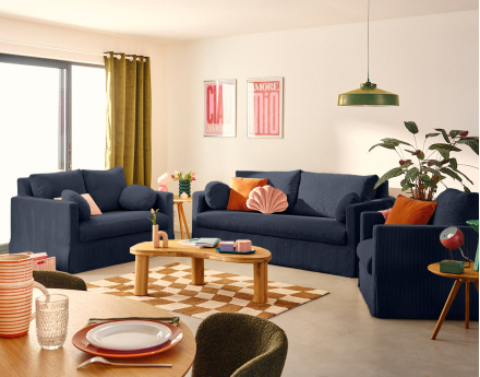 Canapé droit déhoussable 2 places en velours côtelé Serena