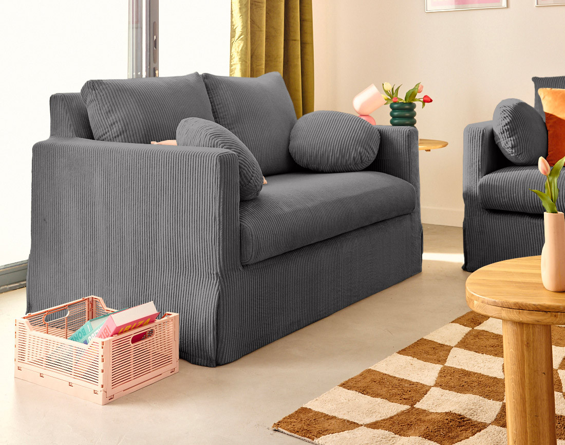 Canapé droit déhoussable 2 places en velours côtelé Serena