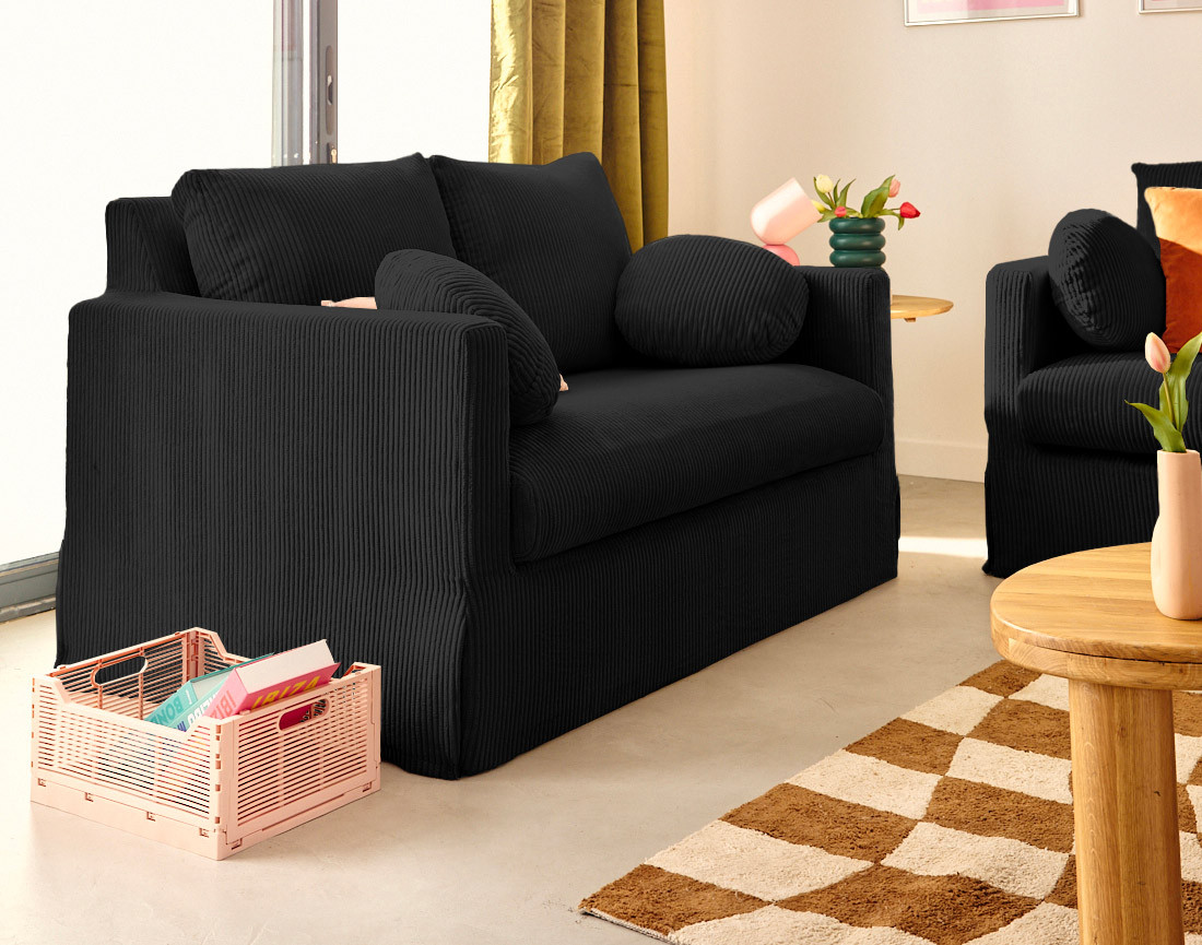 Canapé droit déhoussable 2 places en velours côtelé Serena
