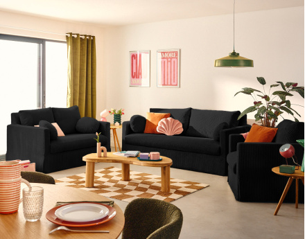 Canapé droit déhoussable 2 places en velours côtelé Serena