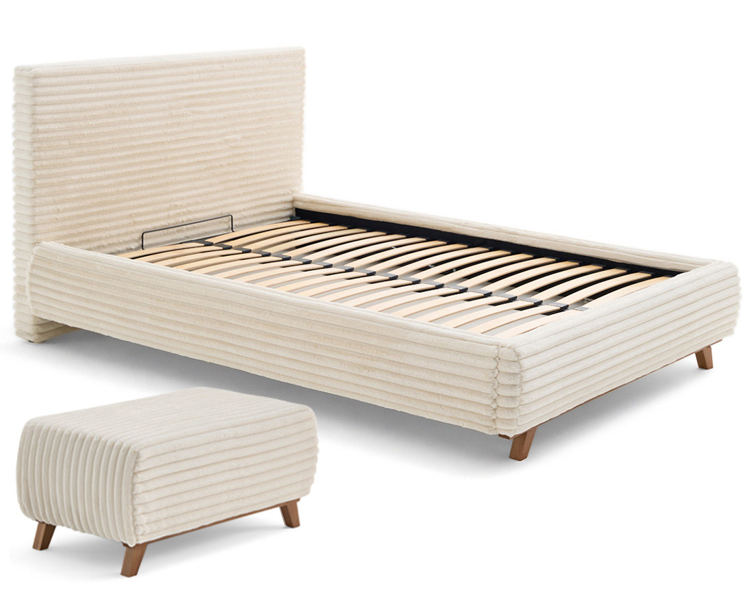 Lit coffre avec bout de lit 140x200 sommier inclus fausse fourrure côtelé Cristal